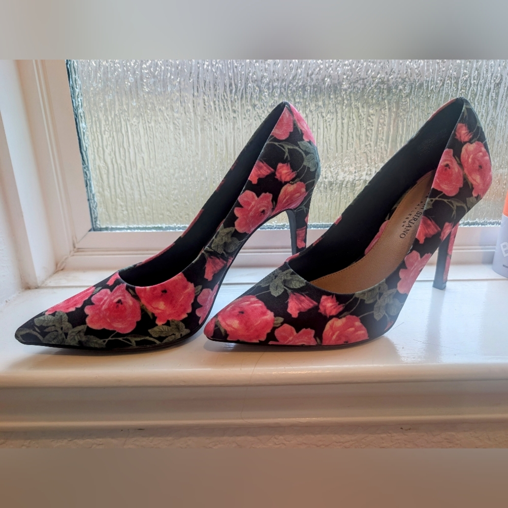 Christian Siriano Black and Pink Floral Heels
